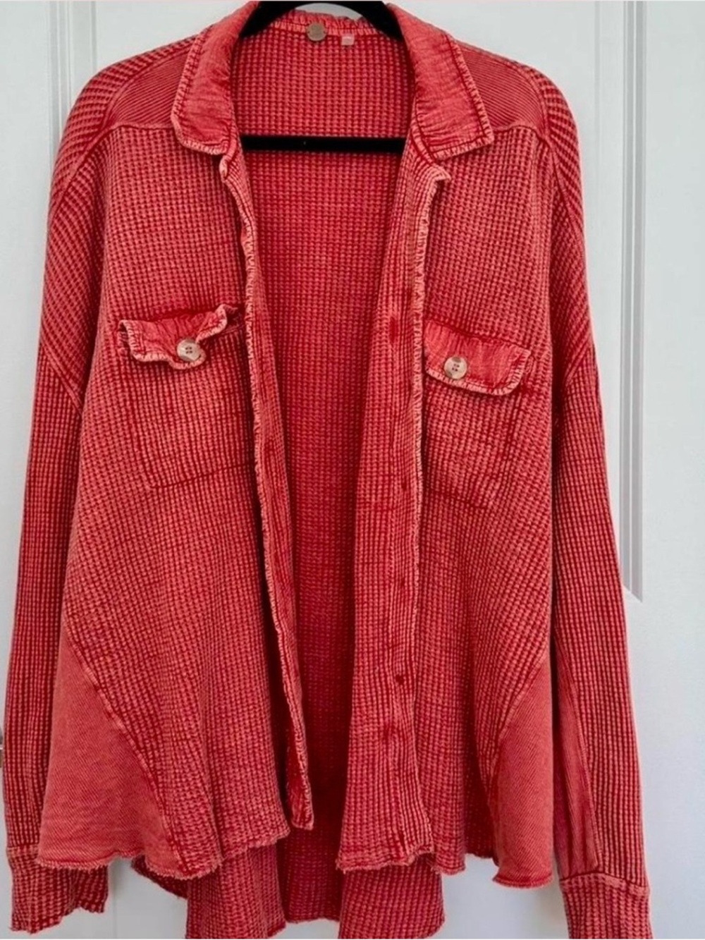 Free People One Scout Jacket Red Waffle Knit Button Down Overshirt Women’s Small